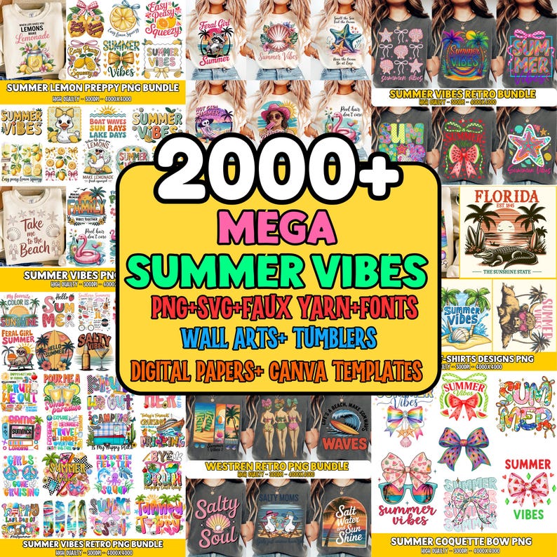 May include: A collection of digital designs with a summer theme. The image features various t-shirt designs, graphics, and text elements, including phrases like "Summer Vibes" and "Salty Soul". The designs are available as PNG, SVG, and Canva templates.