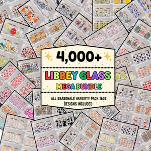 May include: A digital collage of numerous 16oz Libbey glass can designs featuring various patterns, seasonal themes, and graphics. A central cream-coloured sign displays the text 4,000+ LIBBEY GLASS MEGA BUNDLE ALL SEASONALS VAREIRTY PACK 16OZ DESIGNS INCLUDED.
