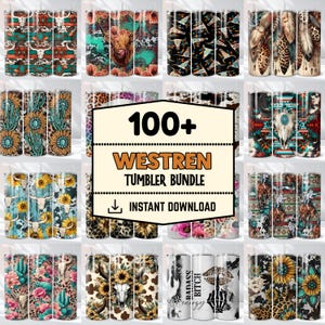 Può includere: Una collezione digitale di oltre 100 design per bicchieri con motivi a tema western, inclusi teschi di mucca, girasoli, cactus, piume, stampa leopardata e texture di pelle bovina, con una grafica centrale che riporta 100+ WESTREN TUMBLER BUNDLE.