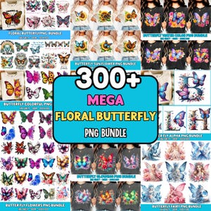 Puede incluir: Una colección digital de más de 300 gráficos PNG de mariposas florales que incluye diversas ilustraciones de mariposas coloridas, arreglos florales, letras del alfabeto decoradas con mariposas y figuras de hadas con alas para proyectos creativos.