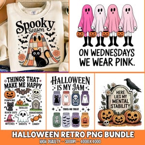 May include: A collection of five Halloween-themed graphic designs featuring ghosts, pumpkins, black cats, and tombstones. Text includes Spooky Season, On Wednesdays We Wear Pink, Things That Make Me Happy, Halloween Is My Jam, and Here Lies My Mental Stability.