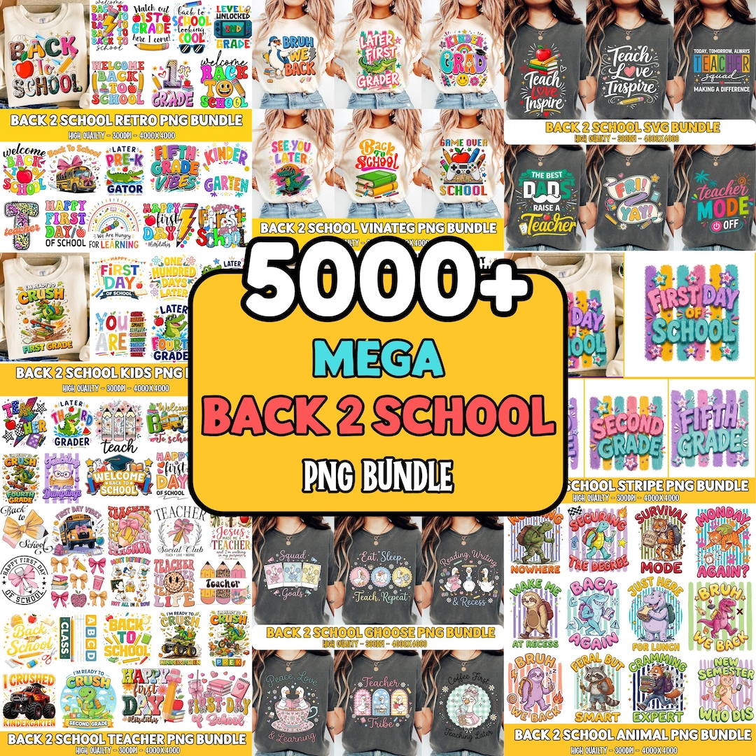 5000+ Back To School PNG Bundle: Preschool School First Day Preppy School sublimation Pre-