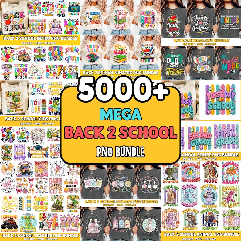 5000+ Back To School PNG Bundle: Preschool School First Day Preppy School sublimation Pre-K 1st-4th Grade, Strip school Png Digital Download image 1