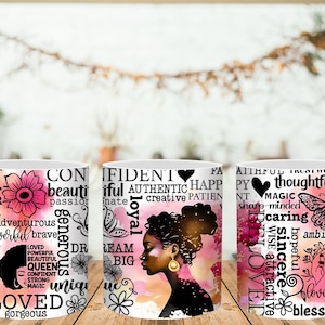 May include: Three white ceramic mugs with inspirational words and images. One mug features a black silhouette of a woman, another a profile, and the last a butterfly. The mugs have pink and black accents.