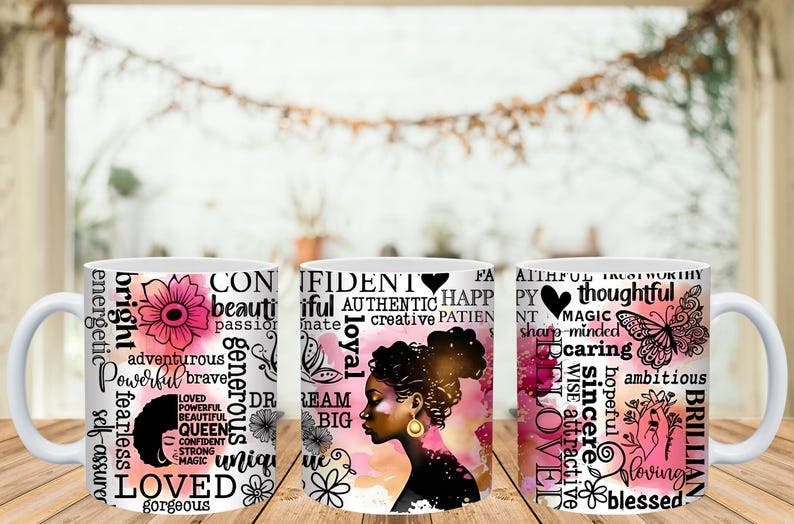May include: Three white ceramic mugs with inspirational words and images. One mug features a black silhouette of a woman, another a profile, and the last a butterfly. The mugs have pink and black accents.