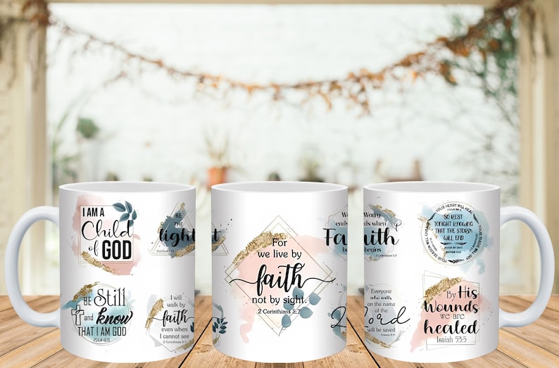 May include: Three white ceramic mugs with inspirational quotes and watercolor designs. The mugs feature phrases like "I am a Child of God" and "For we live by faith." The designs include gold foil accents and pastel colors.