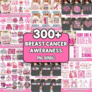 Puede incluir: Un paquete PNG digital con más de 300 diseños de concienciación sobre el cáncer de mama. La imagen presenta varios gráficos rosas, incluyendo lazos, texto e ilustraciones, adecuados para ropa y manualidades.