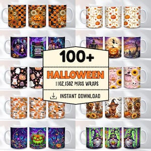 May include: A collection of white ceramic mugs featuring various Halloween-themed designs including pumpkins, ghosts, sunflowers, horror movie characters, and gnomes. The central text reads 100+ HALLOWEEN 11OZ, 15OZ MUGS WRAPS INSTANT DOWNLOAD.