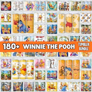 May include: A collection of Winnie the Pooh themed tumblers. The tumblers feature various designs with characters like Pooh, Eeyore, and Tigger. The text "180+ WINNIE THE POOH" is displayed in orange, with "TUMBLER BUNDLE" in black.
