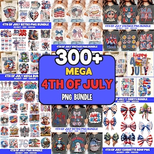 Könnte beinhalten: Werbebild für eine Sammlung von PNG-Bundles zum Thema 4. Juli. Das Bild zeigt patriotische Designs auf T-Shirts, Schleifen und anderen Artikeln, mit Text wie "America" und "Freedom".