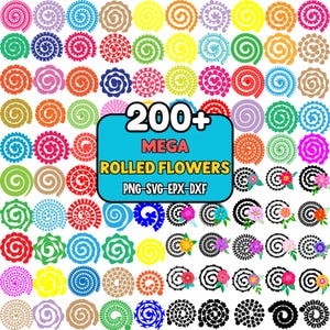Puede incluir: Una colección de más de 200 diseños de flores enrolladas de colores con diversas formas y patrones, incluyendo colores sólidos y contornos negros con detalles florales. El texto central dice 200+ MEGA ROLLED FLOWERS PNG-SVG-EPX-DXF sobre fondo azul.