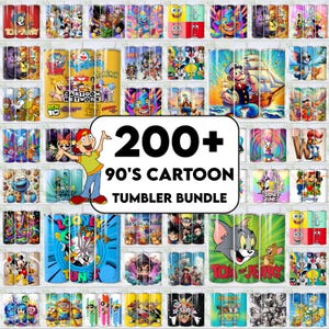Puede incluir: Una colección de más de 200 vasos con temática de dibujos animados de los años 90. Los vasos presentan diseños con personajes como Tom y Jerry, Looney Tunes y personajes de Disney. La imagen incluye el texto "90's Cartoon Tumbler Bundle".