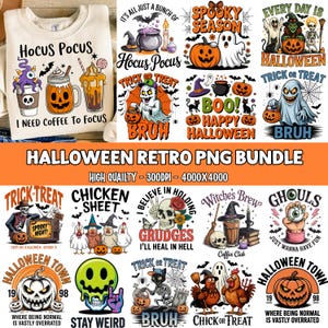 May include: A digital collection of Halloween-themed graphic designs featuring pumpkins, ghosts, skeletons, witches, and coffee-related illustrations with text phrases like Hocus Pocus, Trick or Treat, Spooky Season, and Halloween Town.