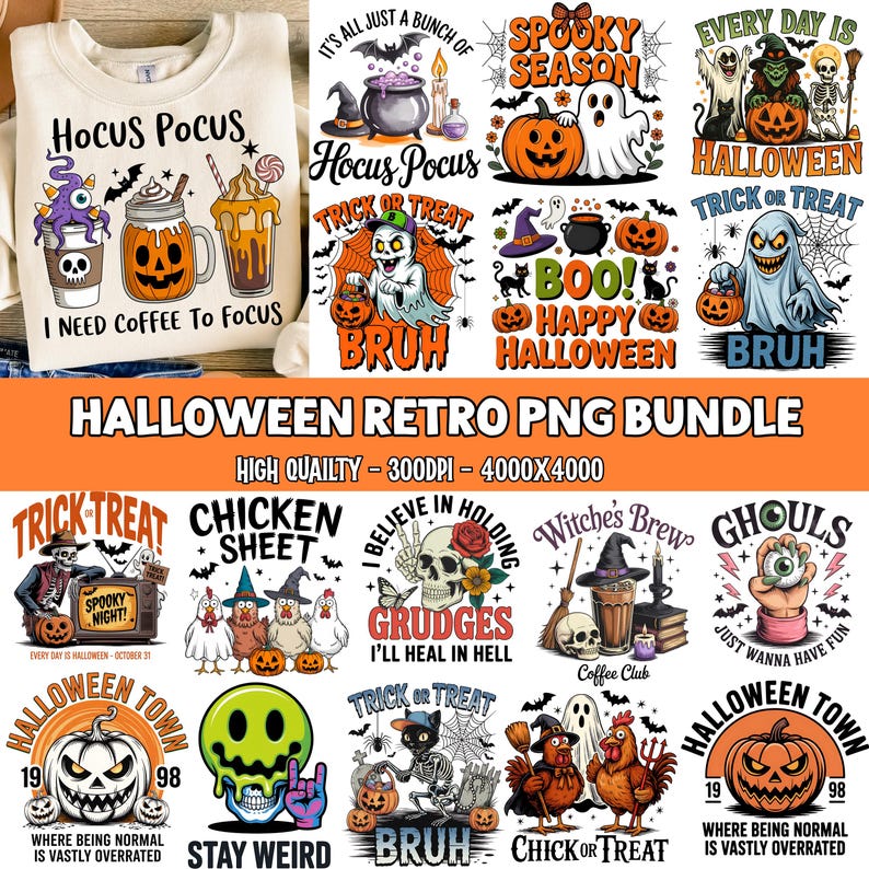 May include: A digital collection of Halloween-themed graphic designs featuring pumpkins, ghosts, skeletons, witches, and coffee-related illustrations with text phrases like Hocus Pocus, Trick or Treat, Spooky Season, and Halloween Town.