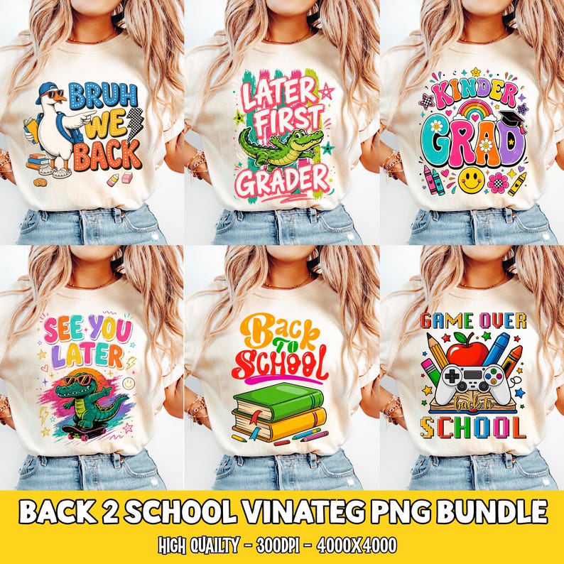 May include: A collection of six cream-colored t-shirts featuring various school-themed graphic prints. Designs include a duck with the text BRUH WE BACK, a crocodile with LATER FIRST GRADER, KINDER GRAD, a crocodile on a skateboard with SEE YOU LATER, BACK TO SCHOOL with books, and a game controller with GAME OVER SCHOOL.