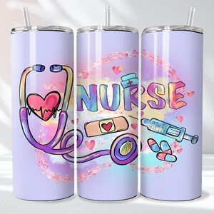 May include: A light purple tumbler with a straw, featuring a colorful design with a stethoscope, heart, bandage, pills, and syringe. The word "Nurse" is written in colorful letters.
