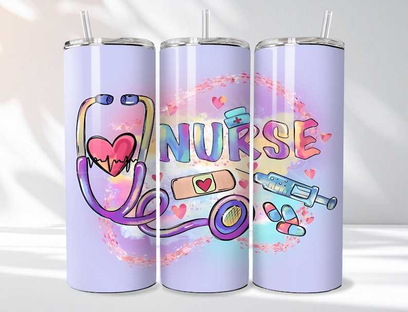 May include: A light purple tumbler with a straw, featuring a colorful design with a stethoscope, heart, bandage, pills, and syringe. The word "Nurse" is written in colorful letters.