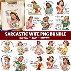 May include: A digital PNG bundle featuring vintage-style illustrations of women in retro attire. The images include text like "Sarcasm served daily" and "I checked my receipt." The bundle is high quality, 300 DPI, and 4000x4000 pixels.
