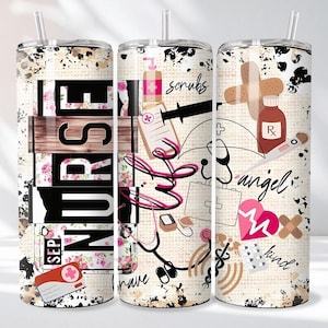 May include: A 20 oz. stainless steel tumbler with a straw, featuring a design for nurses. The design includes the word "NURSE" with floral accents, medical tools, and the words "scrubs", "angel", and "kind". The tumbler has a white background with black and brown splatters.