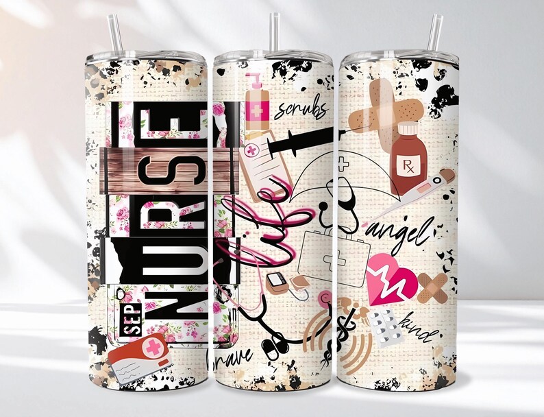 May include: A 20 oz. stainless steel tumbler with a straw, featuring a design for nurses. The design includes the word "NURSE" with floral accents, medical tools, and the words "scrubs", "angel", and "kind". The tumbler has a white background with black and brown splatters.