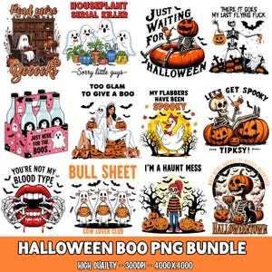 May include: A digital collection of twelve Halloween-themed graphic designs featuring ghosts, skeletons, pumpkins, and humorous text such as Read more Booooks, Houseplant Serial Killer, Just Waiting for Halloween, and Bull Sheet for seasonal projects.