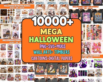 May include: A digital collection of over 10,000 Halloween-themed graphic designs including PNG and SVG files, mug and tumbler art, wall art, cartoons, and digital papers featuring skeletons, pumpkins, ghosts, and various spooky holiday text.