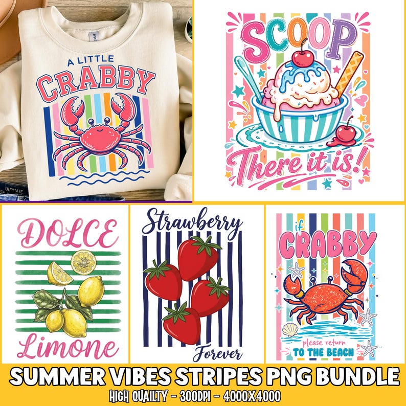 May include: A digital design bundle featuring summer-themed graphics including a crab with the text A LITTLE CRABBY, an ice cream sundae with SCOOP There it is, lemons with DOLCE Limone, strawberries with Strawberry Forever, and a crab with if CRABBY please return TO THE BEACH.