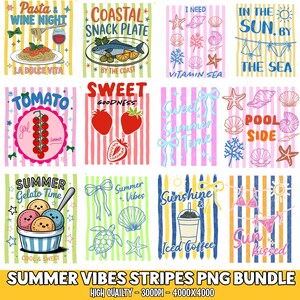 May include: A digital graphic bundle featuring twelve rectangular panels with summer-themed illustrations and text. Designs include pasta, coastal snacks, seashells, bikinis, tomatoes, strawberries, gelato, turtles, and iced coffee on striped backgrounds.