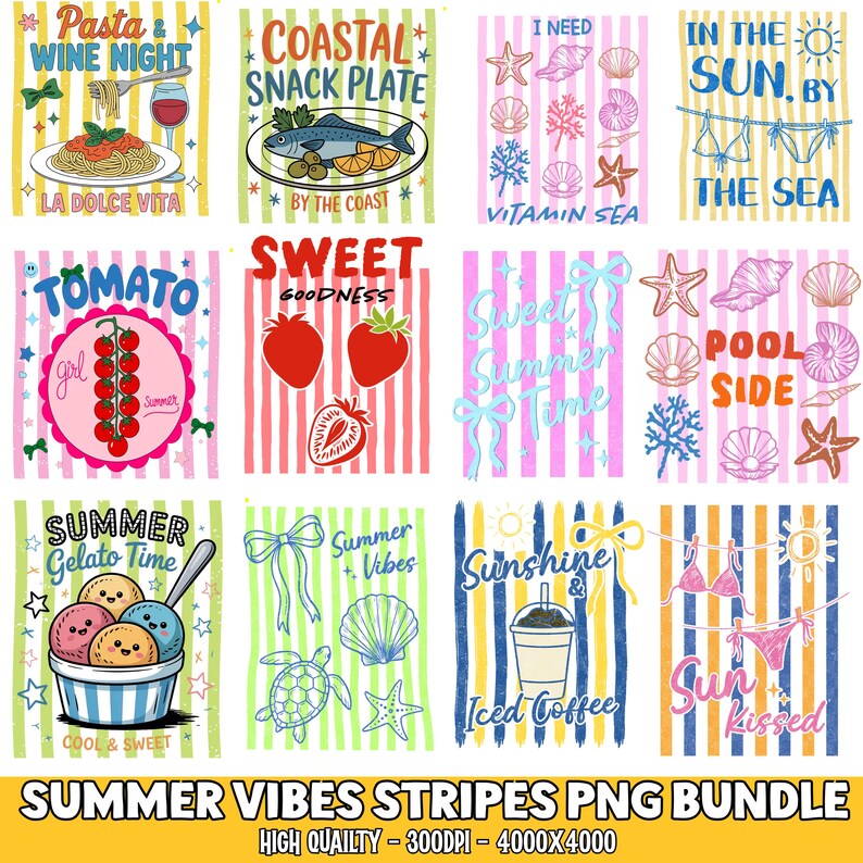 May include: A digital graphic bundle featuring twelve rectangular panels with summer-themed illustrations and text. Designs include pasta, coastal snacks, seashells, bikinis, tomatoes, strawberries, gelato, turtles, and iced coffee on striped backgrounds.