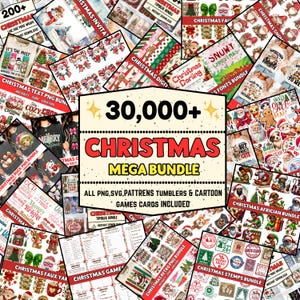 Peut inclure: Une collection numérique de ressources de conception graphique sur le thème de Noël avec un panneau central indiquant 30,000+ CHRISTMAS MEGA BUNDLE ALL PNG, SVG, PATTRENS TUMBLERS & CARTOON GAMES CARDS INCLUDED, entourée d'illustrations festives.