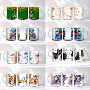 K&ouml;nnte beinhalten: Eine Sammlung wei&szlig;er Keramikbecher mit verschiedenen Designs. Einige Becher zeigen florale Muster, w&auml;hrend andere Tierillustrationen, darunter Katzen und eine Bulldogge, zeigen. Ein Becher hat einen Totenkopf mit Kleebl&auml;ttern, ein anderer den Text "Black cats forever."