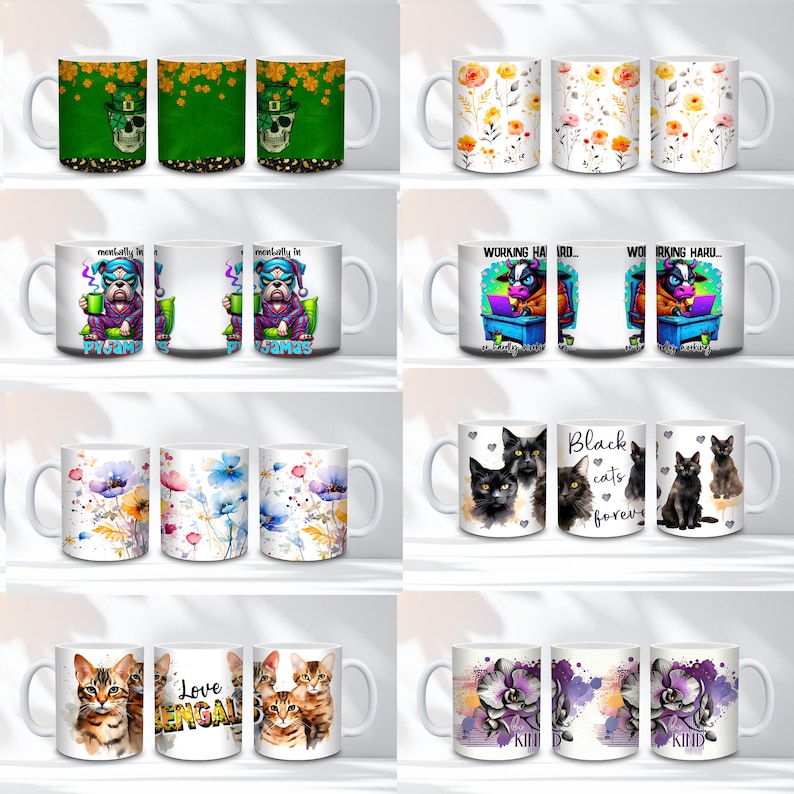K&ouml;nnte beinhalten: Eine Sammlung wei&szlig;er Keramikbecher mit verschiedenen Designs. Einige Becher zeigen florale Muster, w&auml;hrend andere Tierillustrationen, darunter Katzen und eine Bulldogge, zeigen. Ein Becher hat einen Totenkopf mit Kleebl&auml;ttern, ein anderer den Text "Black cats forever."