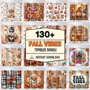 May include: A digital collection of 130+ fall-themed tumbler wrap designs featuring various autumn motifs including pumpkins, sunflowers, gnomes, skeletons, highland cows, and seasonal text, presented as a grid of cylindrical drinkware.
