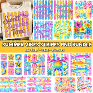 May include: A digital graphic bundle featuring summer-themed designs with colorful stripes, bows, seashells, starfish, sea turtles, and fish. Text includes phrases like Sweet Summer Time, Sunshine & iced coffee, and Made for sunny days.