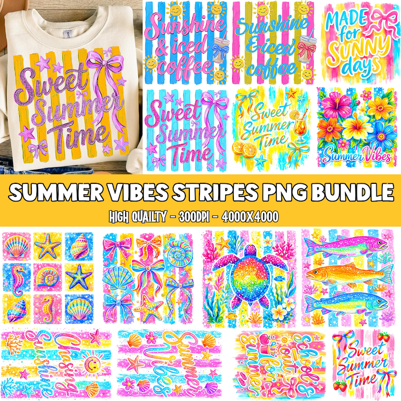 May include: A digital graphic bundle featuring summer-themed designs with colorful stripes, bows, seashells, starfish, sea turtles, and fish. Text includes phrases like Sweet Summer Time, Sunshine & iced coffee, and Made for sunny days.