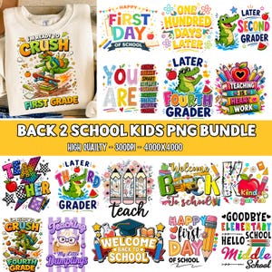 May include: A digital collection of back-to-school themed graphic designs featuring colorful illustrations of crocodiles, school buses, pencils, apples, and motivational text. The bundle includes various educational phrases and school-related icons.