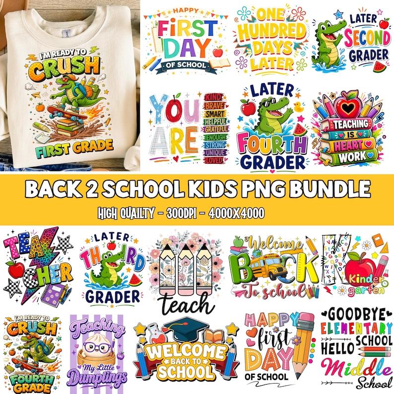 May include: A digital collection of back-to-school themed graphic designs featuring colorful illustrations of crocodiles, school buses, pencils, apples, and motivational text. The bundle includes various educational phrases and school-related icons.