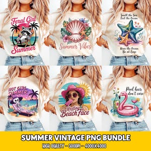 May include: A collection of six cream-colored t-shirts with summer-themed graphics. Designs include a raccoon, seashell, starfish, skeleton, woman with popsicle, and a flamingo float. Each shirt has a unique graphic and text. The bottom of the image reads "SUMMER VINTAGE PNG BUNDLE".