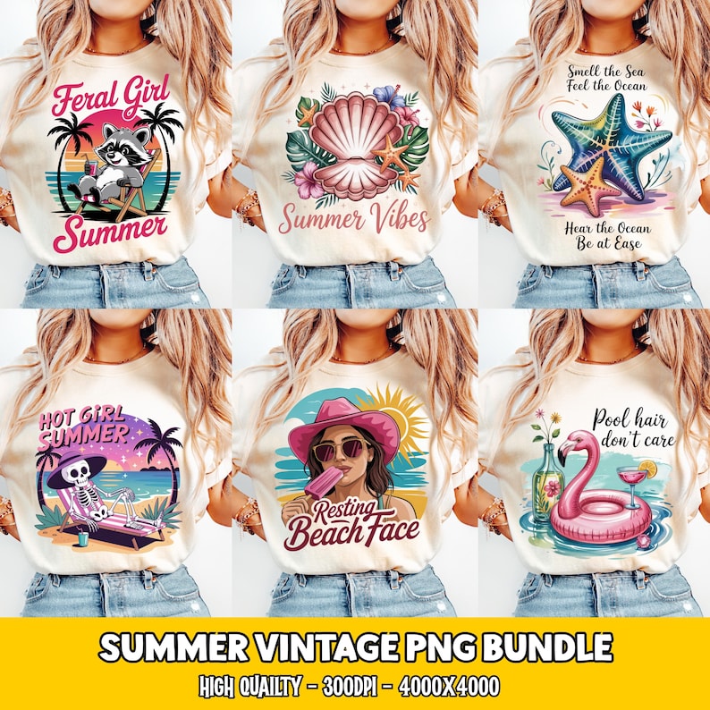 May include: A collection of six cream-colored t-shirts with summer-themed graphics. Designs include a raccoon, seashell, starfish, skeleton, woman with popsicle, and a flamingo float. Each shirt has a unique graphic and text. The bottom of the image reads "SUMMER VINTAGE PNG BUNDLE".