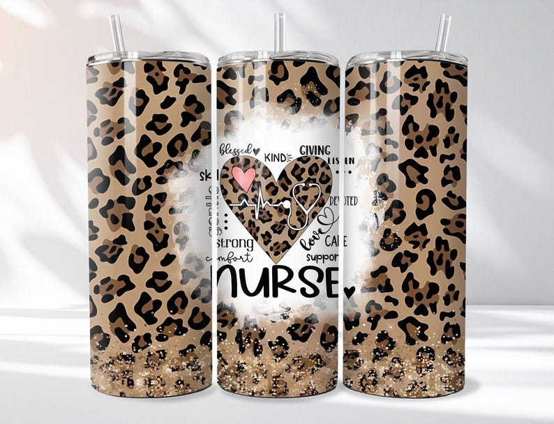 May include: A stainless steel tumbler with a leopard print design. The center of the tumbler features a heart with a stethoscope, a pink heart, and the word "NURSE". Additional words include "blessed", "kind", and "giving".