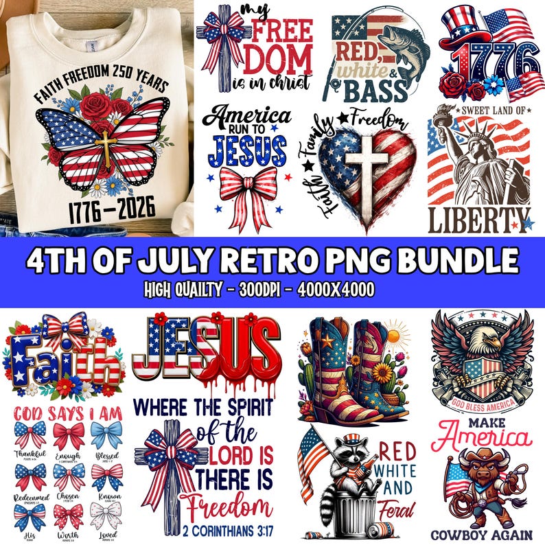 4th of July PNG Bundle USA Flag American Coquette Bow Land of the Free ...