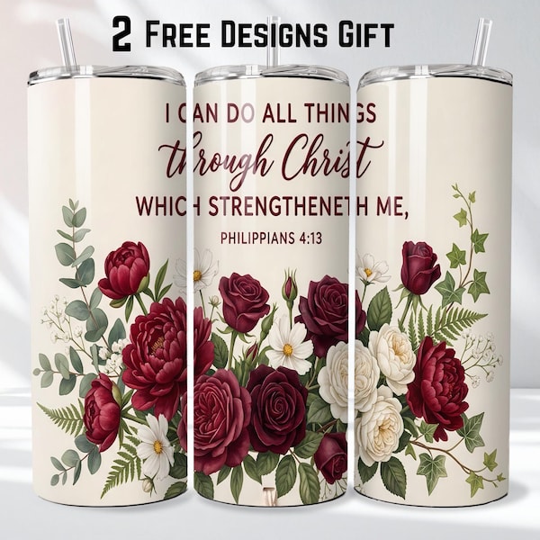 Diseño de Filipenses 4:13 para vaso térmico – Vaso térmico delgado de 20 oz con estampado floral cristiano (descarga digital)
