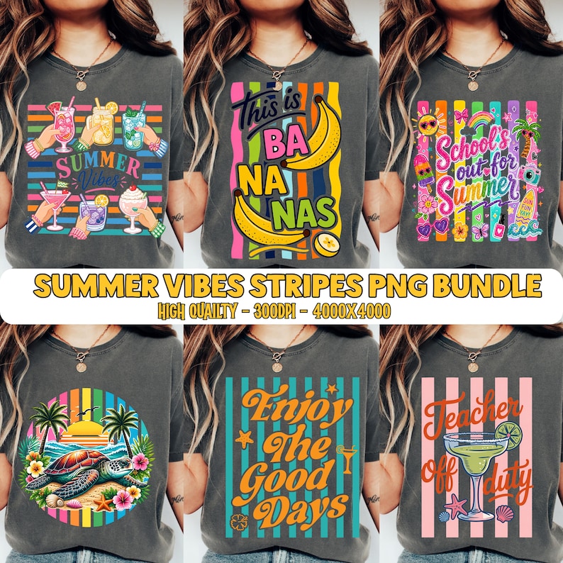 May include: A collection of six charcoal gray t-shirts featuring various colorful graphic prints including summer cocktails, bananas with the text This is BANANAS, School's out for Summer, a sea turtle on a beach, Enjoy the Good Days, and Teacher off duty.