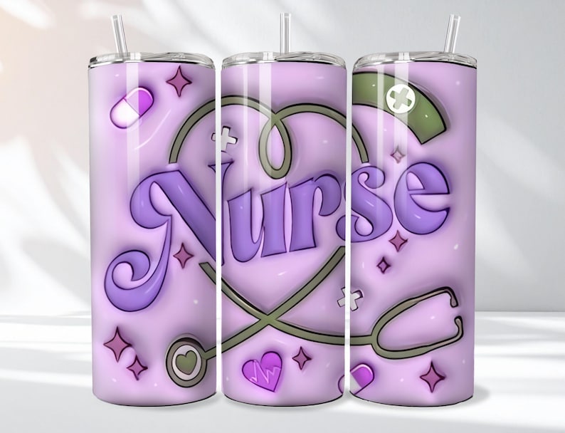 May include: A light purple tumbler with a straw, featuring the word "Nurse" in large, stylized letters. The design includes a stethoscope, a nurse's cap, a heart, and a pill, all in shades of purple and green. Decorative star shapes complete the design.