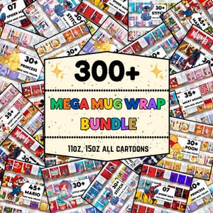 以下が含まれることがあります： 300以上のデザインが施されたメガマグラップバンドルのカラフルな画像。スパイダーマン、スティッチ、ディズニーのプリンセスなど、さまざまな漫画のキャラクターが描かれた11オンスと15オンスのラップが含まれています。「MEGA MUG WRAP BUNDLE」の文字が大きく表示されています。