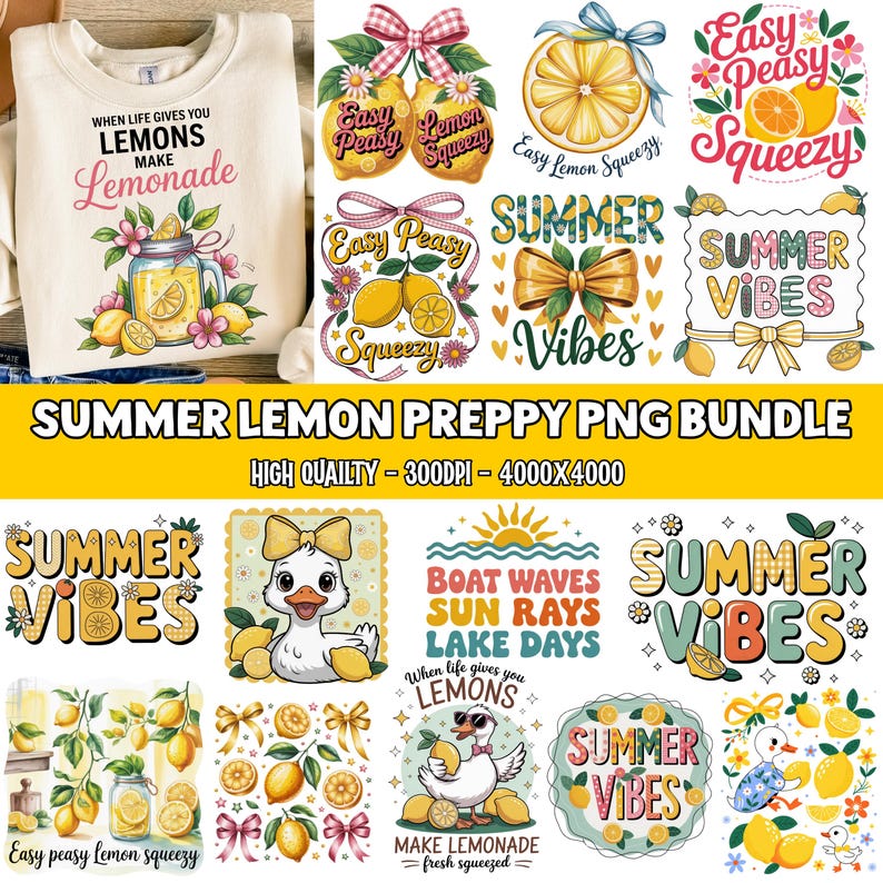 May include: A collection of summer-themed digital designs featuring lemons. Includes a sweatshirt design with the text "When life gives you lemons, make lemonade." Other designs include lemon slices, ducks, bows, and the words "Summer Vibes."