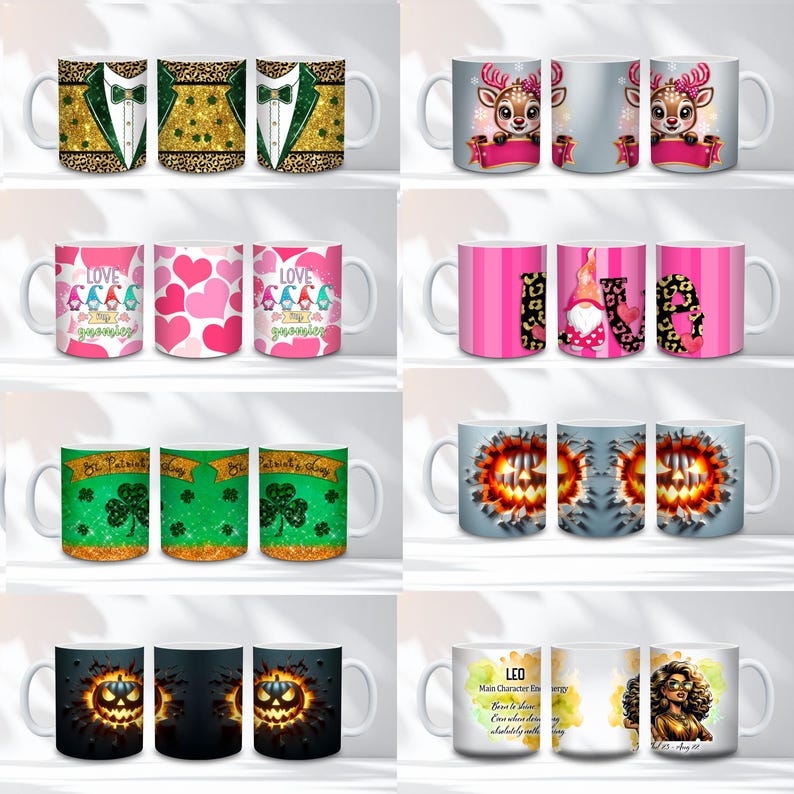 K&ouml;nnte beinhalten: Sammlung wei&szlig;er Keramikbecher mit verschiedenen Designs. Designs umfassen einen Smoking, ein Reh mit Banner, rosa Herzen und Zwerge, rosa Streifen und Leopardenmuster, Kleebl&auml;tter zum St. Patrick's Day, einen K&uuml;rbis und ein Sternzeichen L&ouml;we.