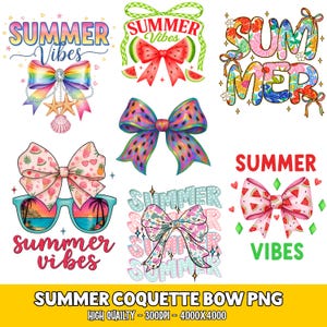 May include: A collection of colorful summer-themed graphics featuring bows with watermelon, floral, and tropical designs. The text "Summer Vibes" and "Summer" are included in the designs. The image is labeled "Summer Coquette Bow PNG".