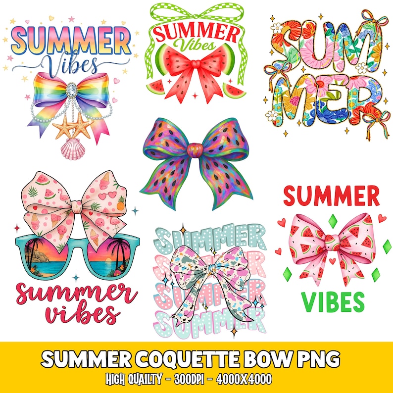 May include: A collection of colorful summer-themed graphics featuring bows with watermelon, floral, and tropical designs. The text "Summer Vibes" and "Summer" are included in the designs. The image is labeled "Summer Coquette Bow PNG".