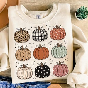 Boho pompoen PNG, preppy herfstpompoen sublimatie, schattig pompoenpatroon, koket herfstshirt PNG, trendy Thanksgiving PNG